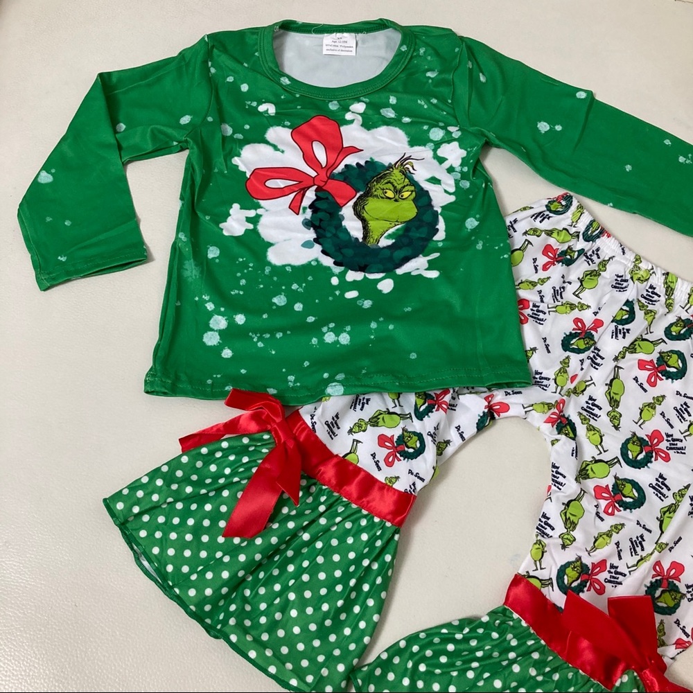 Boutique Christmas 🎄 Grinch cute bow pants long sleeve top set - Picture 3 of 7
